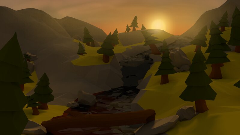Mountain Valley at Sunset — Yellow, Serene, 3d Render
