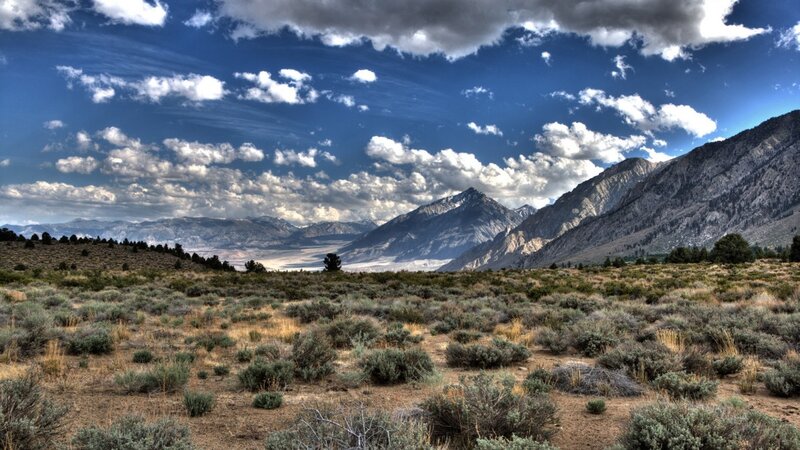 Mountain Valley Landscape — Blue, Dramatic, Afternoon, Photograph, Mountains, Clouds, Shrubbery, Brown