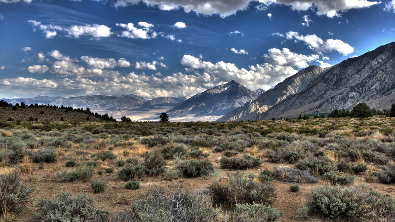 Mountain Valley Landscape — Blue, Dramatic, Afternoon, Photograph, Mountains, Clouds, Shrubs