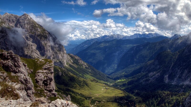 Mountain Valley Landscape — Blue, Dramatic, Afternoon, Photograph, Mountains, Clouds, Trees