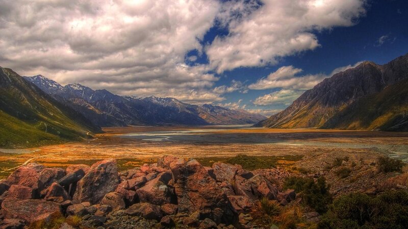 Mountain Valley Landscape — Blue, Dramatic, Afternoon, Photograph, Mountains, River, Rocks
