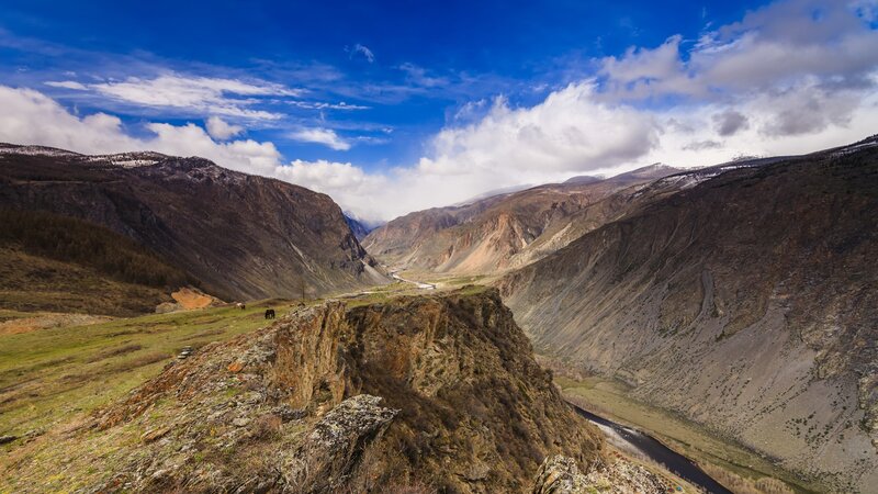 Mountain Valley Landscape — Blue, Dramatic, Afternoon, Photograph, River