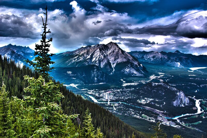 Mountain Valley Landscape — Blue, Dramatic, Afternoon, Photograph, Trees, River