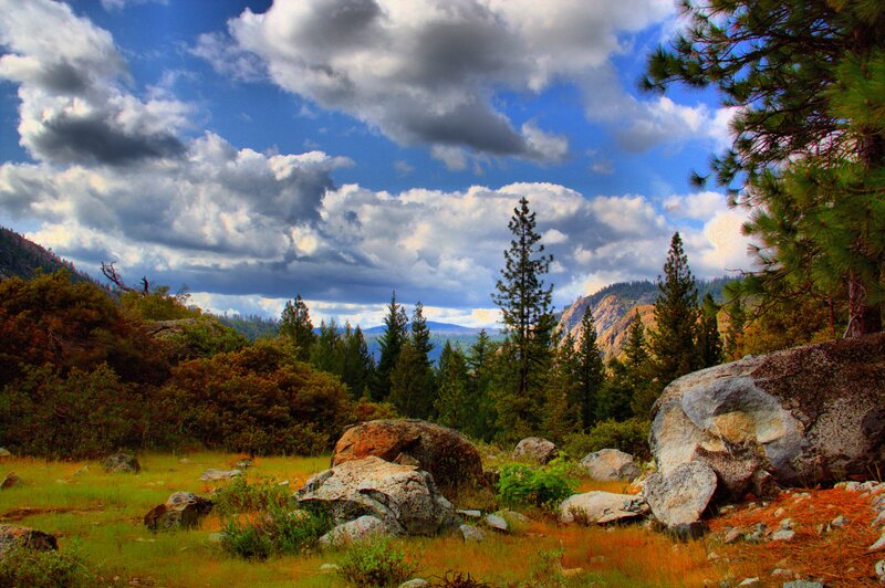 Mountain Valley Landscape — Blue, Dramatic, Afternoon, Photograph, Trees