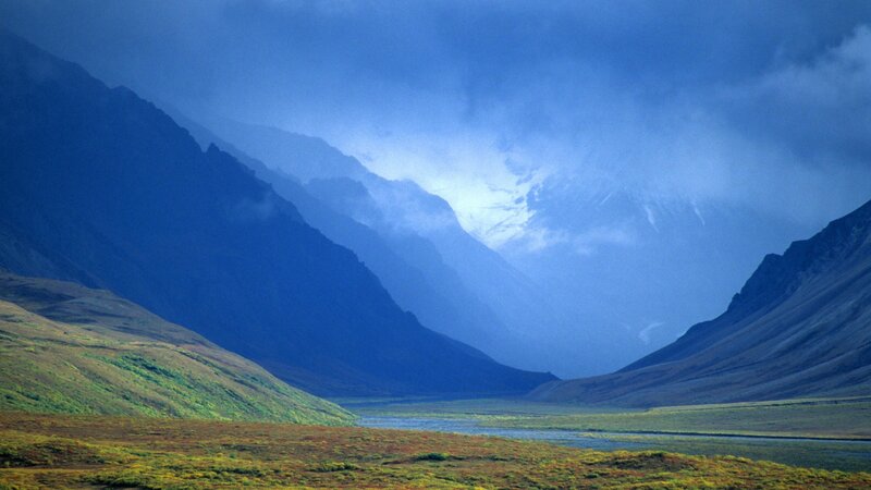 Mountain Valley Landscape — Blue, Dramatic, Photograph, Mountains, River, Clouds, Green