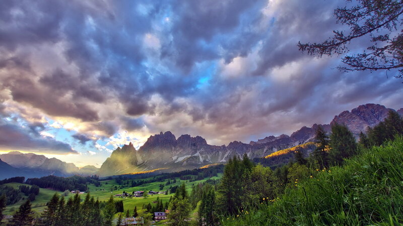 Mountain Valley Landscape — Blue, Dramatic, Sunset, Photograph, Clouds, Trees