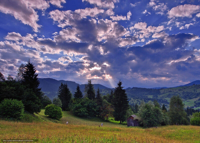 Mountain Valley Landscape — Blue, Dramatic, Sunset, Photograph, Trees, Clouds