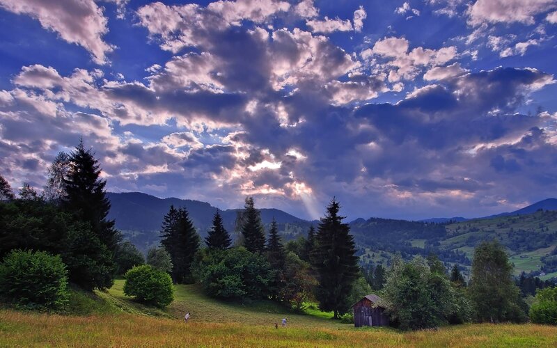 Mountain Valley Landscape — Blue, Dramatic, Sunset, Photograph, Trees