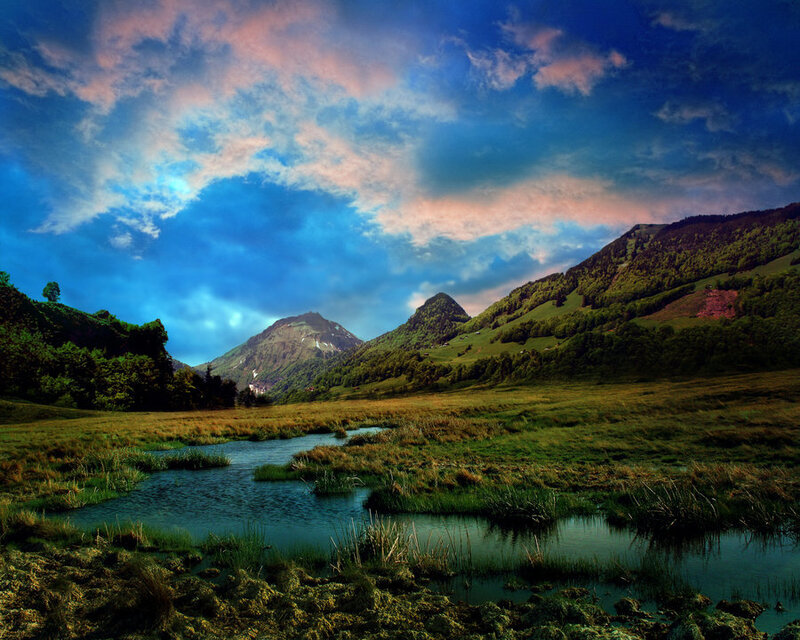 Mountain Valley Landscape — Blue, Dramatic, Sunset