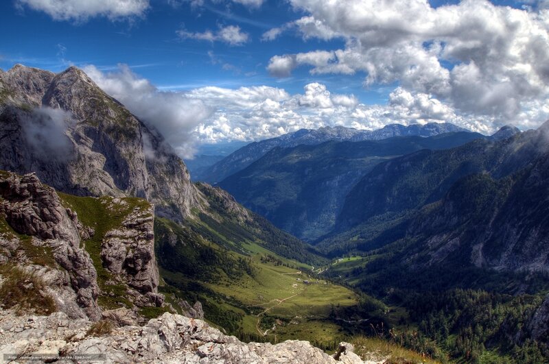 Mountain Valley Landscape — Blue, Serene, Afternoon, Photograph, Clouds, Trees