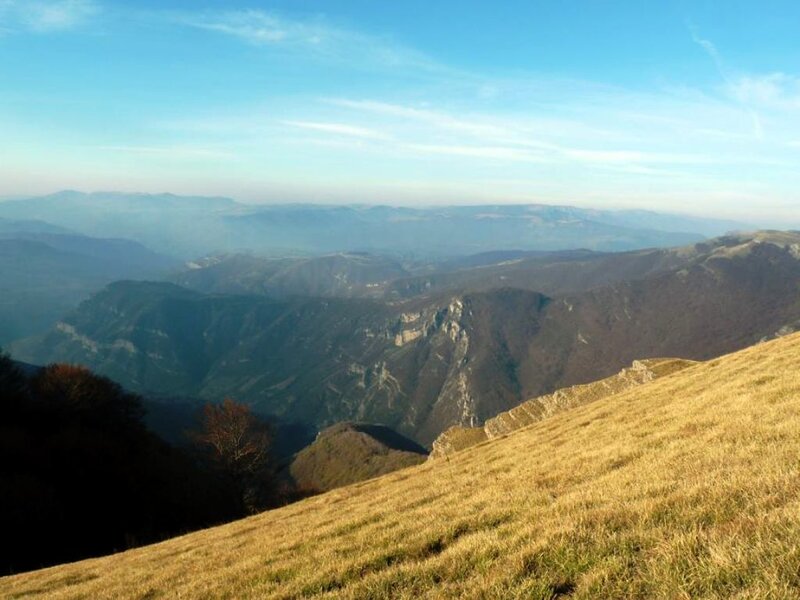 Mountain Valley Landscape — Blue, Serene, Afternoon, Photograph, Grass Slope