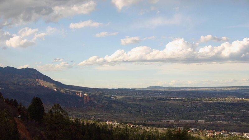 Mountain Valley Landscape — Blue, Serene, Afternoon, Photograph, Mountains, Clouds, Town