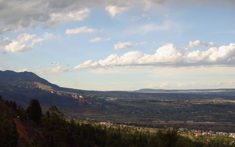 Mountain Valley Landscape — Blue, Serene, Afternoon, Photograph, Mountains, Clouds, Trees, Town