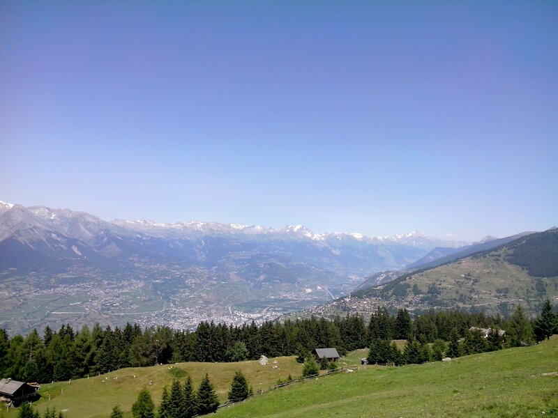 Mountain Valley Landscape — Blue, Serene, Afternoon, Photograph, Mountains, Forest, Huts