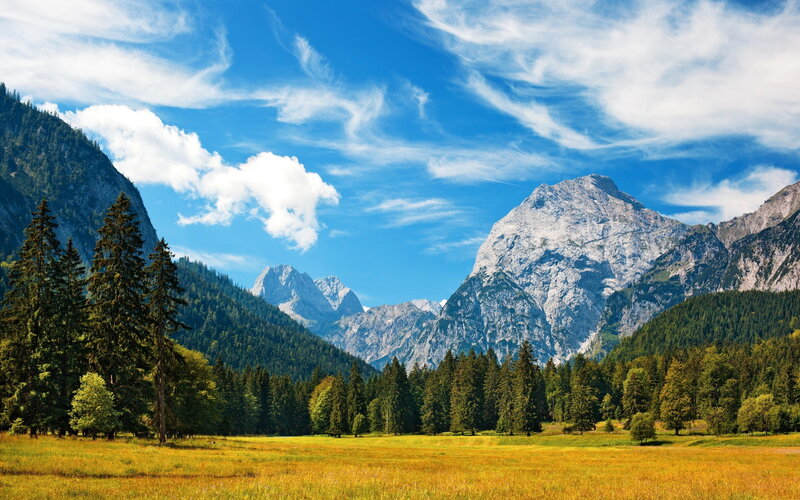Mountain Valley Landscape — Blue, Serene, Afternoon, Photograph, Mountains, Forest, Meadow