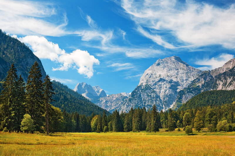 Mountain Valley Landscape — Blue, Serene, Afternoon, Photograph, Mountains, Forest