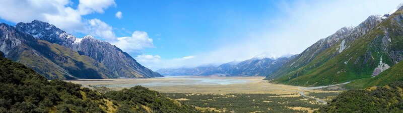 Mountain Valley Landscape — Blue, Serene, Afternoon, Photograph, Mountains, River, Sky