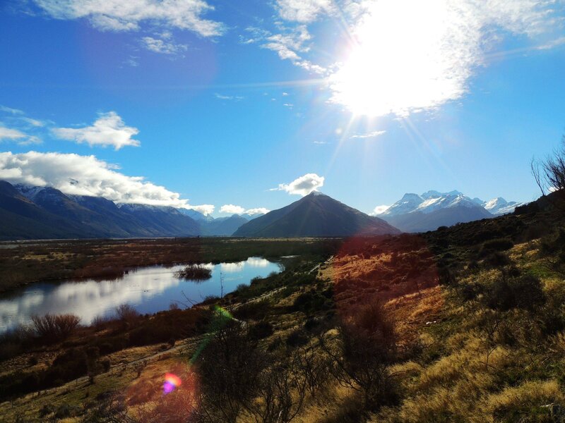 Mountain Valley Landscape — Blue, Serene, Afternoon, Photograph, Mountains, River, Sun