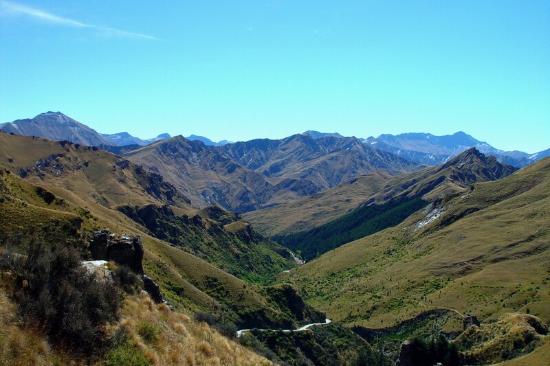 Mountain Valley Landscape — Blue, Serene, Afternoon, Photograph, Mountains, Road, Sky