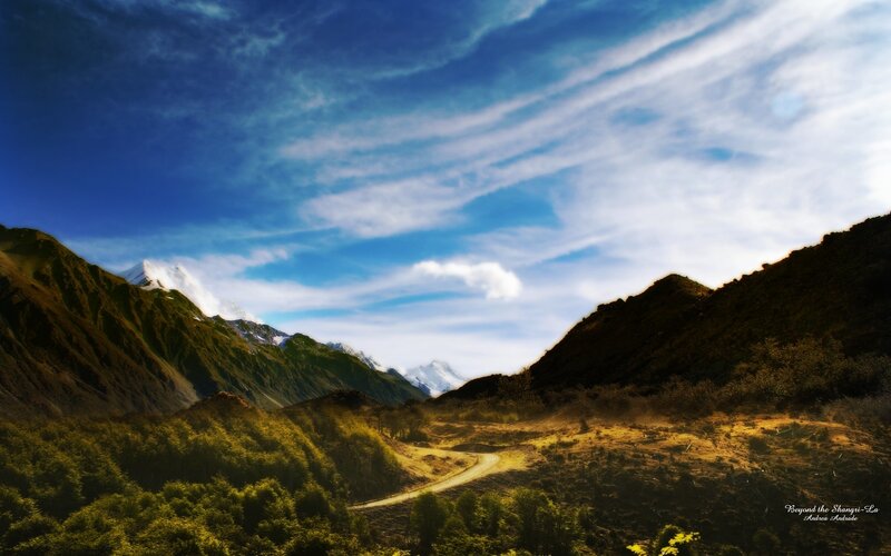 Mountain Valley Landscape — Blue, Serene, Afternoon, Photograph, Mountains, Road