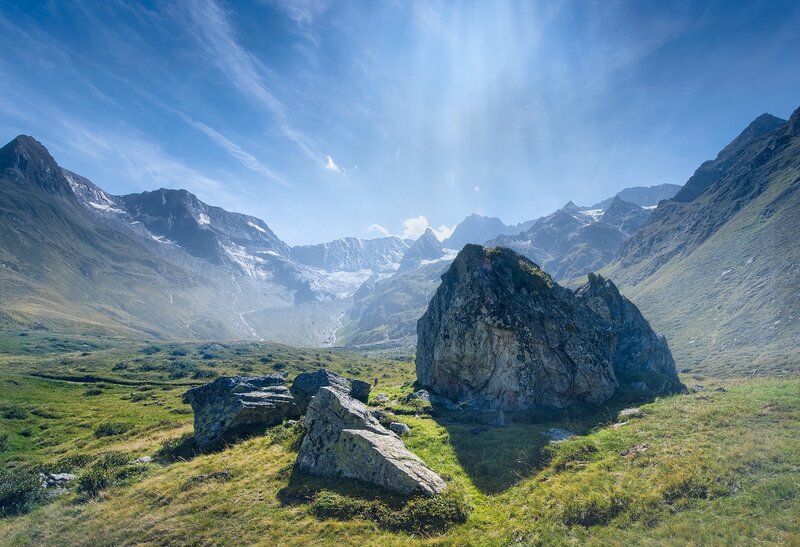 Mountain Valley Landscape — Blue, Serene, Afternoon, Photograph, Mountains, Rocks, Grass