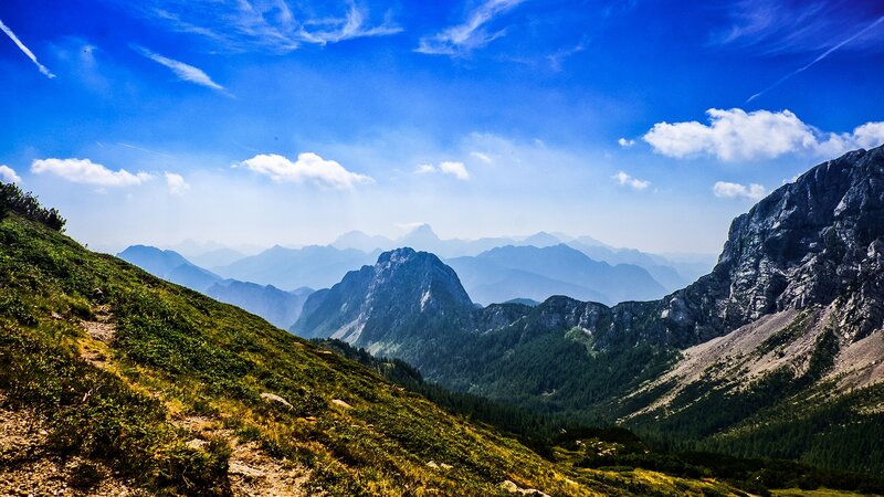 Mountain Valley Landscape — Blue, Serene, Afternoon, Photograph, Mountains, Sky, Trees