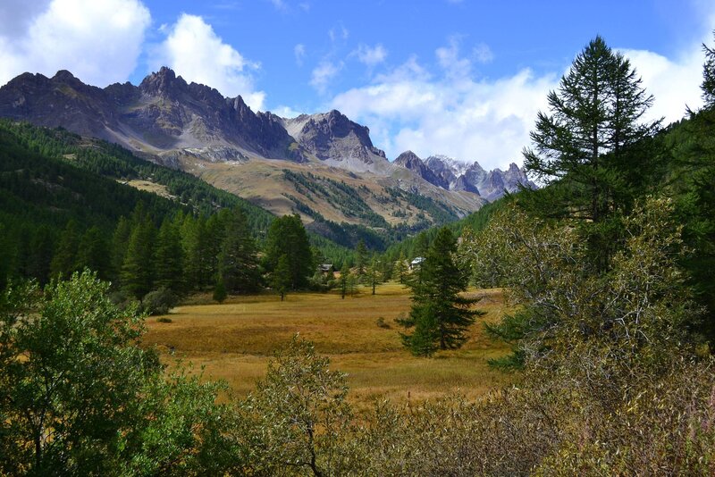 Mountain Valley Landscape — Blue, Serene, Afternoon, Photograph, Mountains, Trees, Meadow