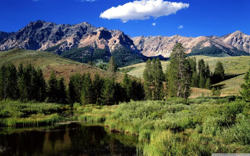 Mountain Valley Landscape — Blue, Serene, Afternoon, Photograph, Mountains, Trees, Pond