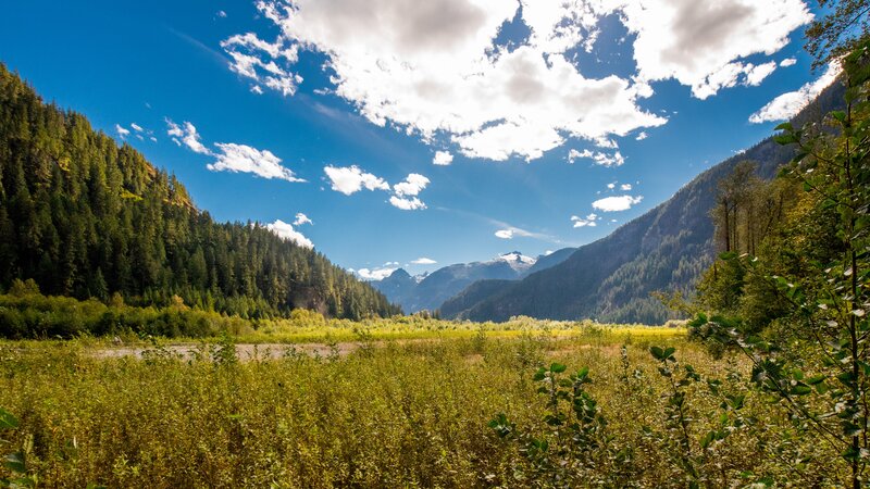Mountain Valley Landscape — Blue, Serene, Afternoon, Photograph, Trees, Mountains, Sky