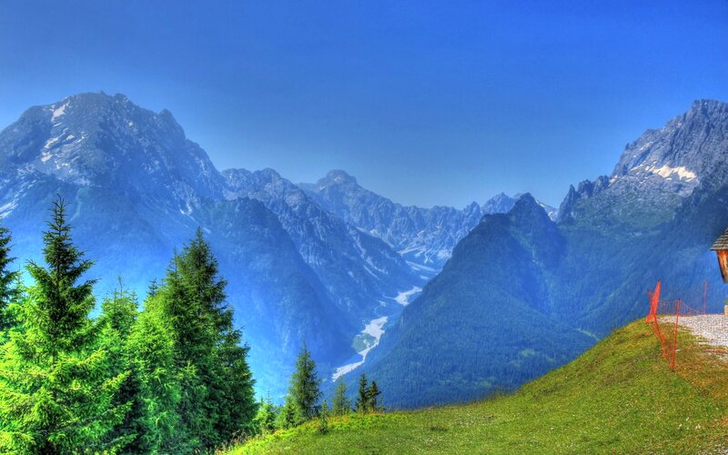 Mountain Valley Landscape — Blue, Serene, Afternoon, Photograph, Trees, Mountains