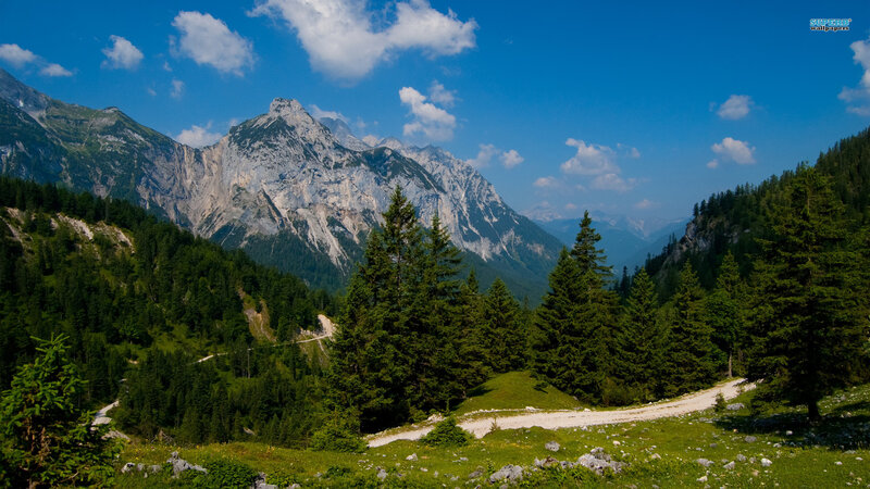 Mountain Valley Landscape — Blue, Serene, Afternoon, Photograph, Trees, Path