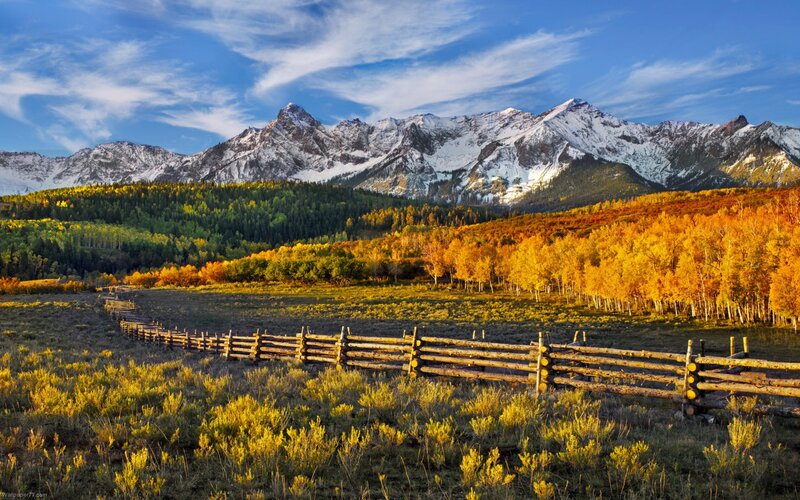 Mountain Valley Landscape — Blue, Serene, Autumn, Photograph, Fence