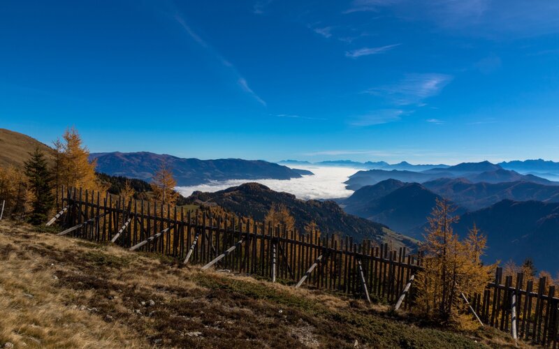 Mountain Valley Landscape — Blue, Serene, Autumn, Photograph, Fence, Trees, Clouds