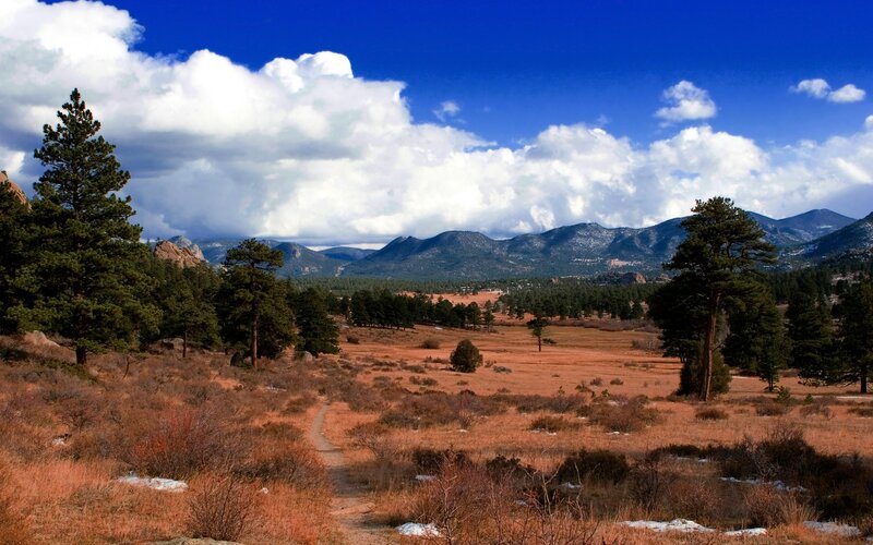 Mountain Valley Landscape — Blue, Serene, Autumn, Photograph, Trees, Mountains