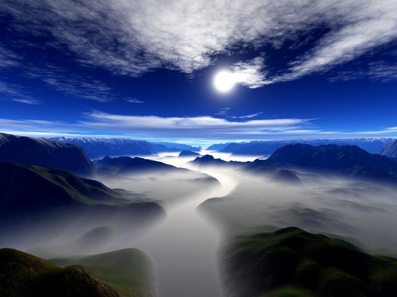 Mountain Valley Landscape — Blue, Serene, Morning, 3d Render