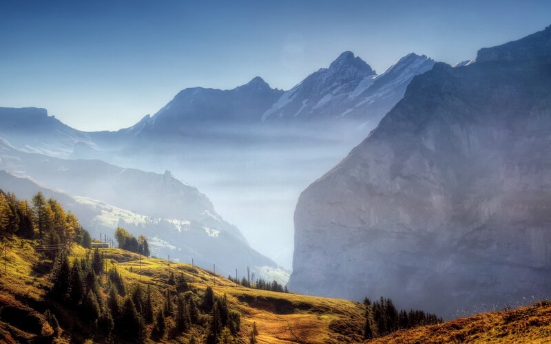 Mountain Valley Landscape — Blue, Serene, Morning, Photograph, Mountains, Fog, Trees, Hills, Green