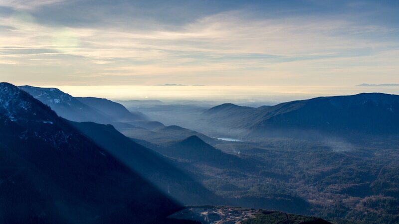 Mountain Valley Landscape — Blue, Serene, Morning, Photograph, Mountains, Forest, Sky