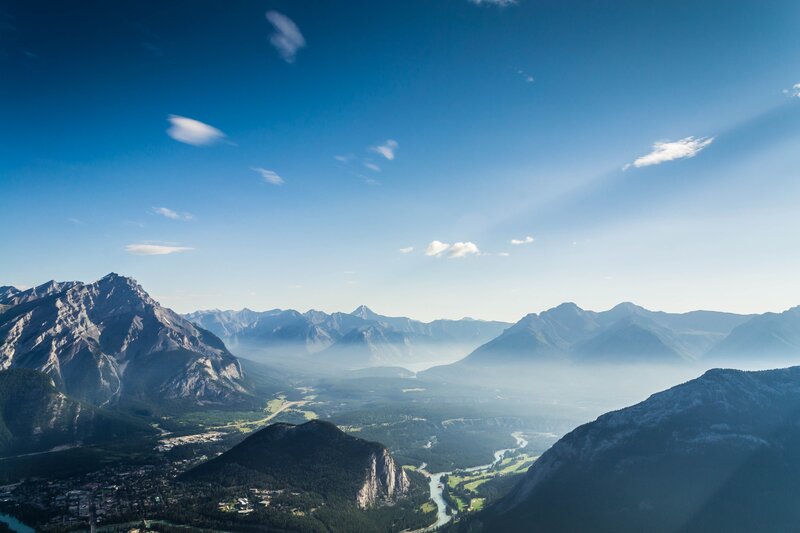 Mountain Valley Landscape — Blue, Serene, Morning, Photograph, Mountains, River, Clouds