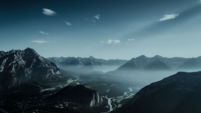 Mountain Valley Landscape — Blue, Serene, Morning, Photograph, Mountains, River