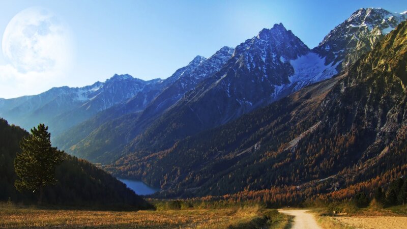 Mountain Valley Landscape — Blue, Serene, Morning, Photograph, Mountains