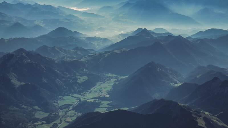 Mountain Valley Landscape — Blue, Serene, Morning, Photograph, Village