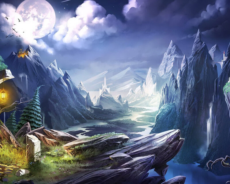Mountain Valley Landscape — Blue, Serene, Night