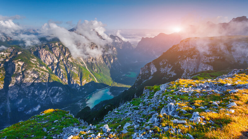 Mountain Valley Landscape — Blue, Serene, Sunrise
