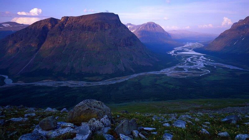 Mountain Valley Landscape — Blue, Serene, Sunset, Photograph
