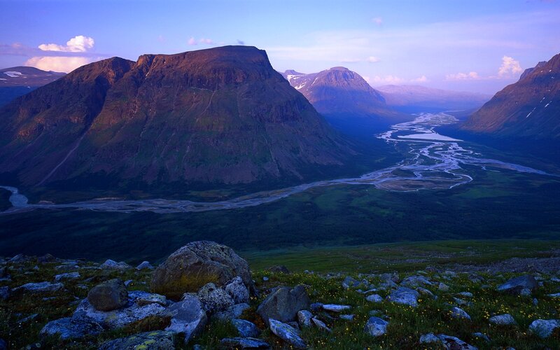 Mountain Valley Landscape — Blue, Serene, Sunset