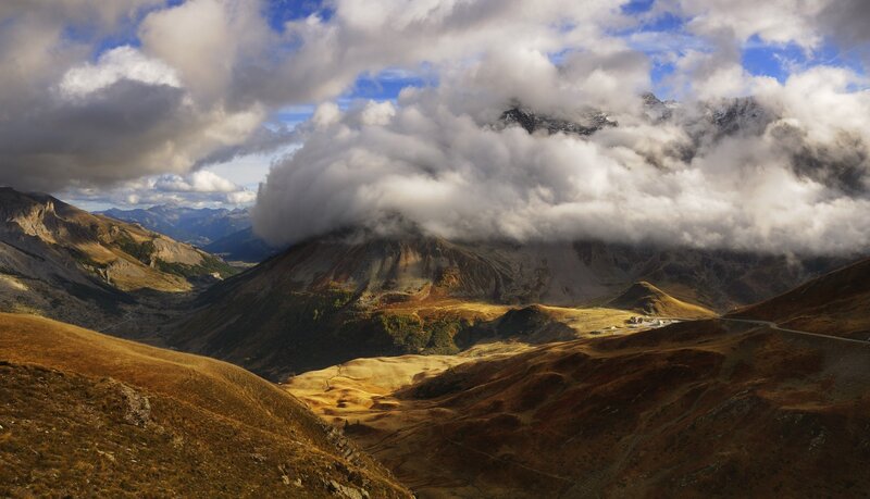 Mountain Valley Landscape — Brown, Dramatic, Afternoon, Photograph, Clouds, Road