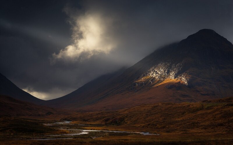 Mountain Valley Landscape — Brown, Dramatic, Afternoon, Photograph, Mountains, River, Clouds
