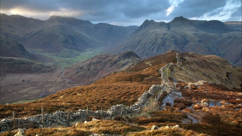 Mountain Valley Landscape — Brown, Dramatic, Afternoon, Photograph, Stone Wall