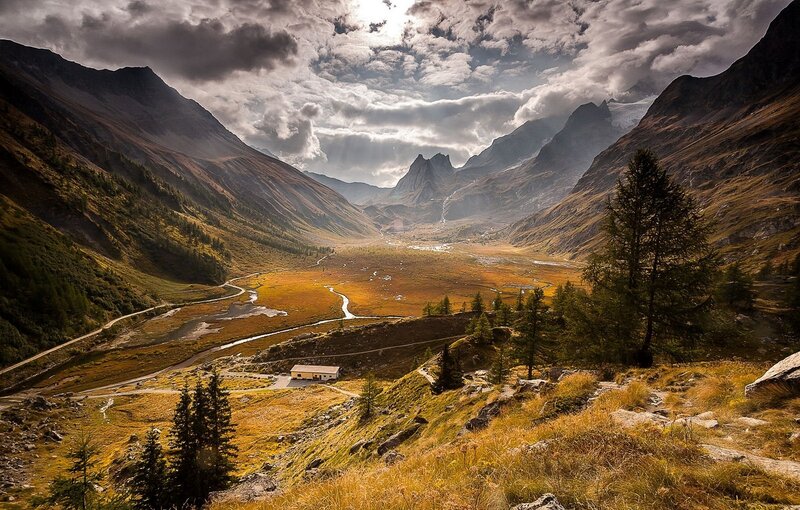 Mountain Valley Landscape — Brown, Dramatic, Autumn, Photograph, Mountains, River