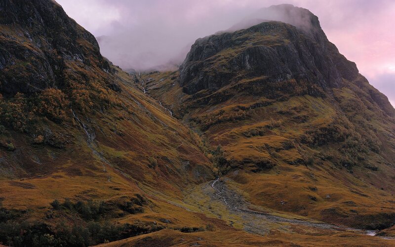 Mountain Valley Landscape — Brown, Dramatic, Autumn, Photograph, Mountains, Stream